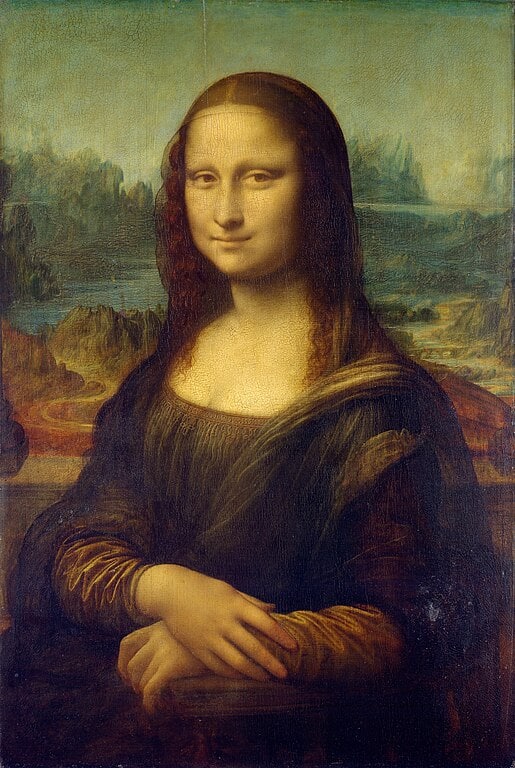 Mona Lisa or La Gioconda (c. 1503–1516). Oil on poplar panel, 77 × 53 cm (30 × 21 in). Louvre, Paris via Wikimedia Commons